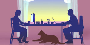 Ein Mann und eine Frau arbeiten von zuhause aus unter dem Tisch liegt ein Hund - Illustration