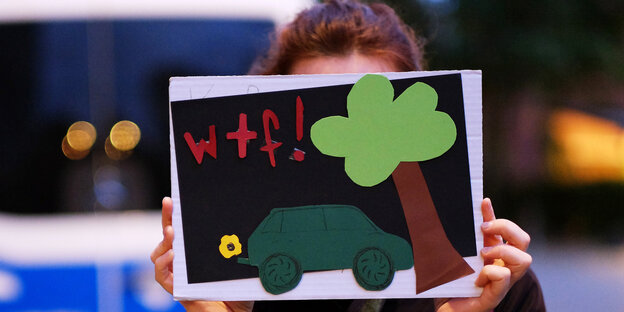 Fridays For Future Demonstrantin hält sich ein Schild vors Gesicht - darauf ist ein Auto, ein Baum und die Buchstaben wtf! zu sehen
