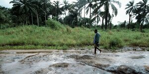 Ein Mann geht durch Öl verseuchtes land, im Hintergrund Palmen