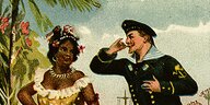 Eine Postkarte zeigt einen deutschen Marinesoldaten, der eine schwarze Frau anspricht.