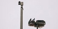 Überwachungskamer auf einem langen Mast neben einem Lichtmast