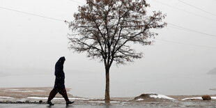 Ein Mann läuft während es schneit in Kabul eine Strasse entlang in Richting eines Baumes