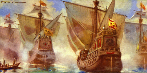 Malerei der Flotte von Magellan - vier Segelschiffe unter spanischer Flagge