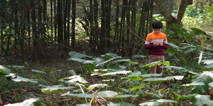 Szene aus Omer Fasts „The Invisible Hand“: Ein kleiner Junge steht im Wald und hält einen Ring in der Hand, den er auf dem Boden gefunden hat