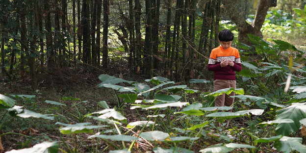 Szene aus Omer Fasts „The Invisible Hand“: Ein kleiner Junge steht im Wald und hält einen Ring in der Hand, den er auf dem Boden gefunden hat