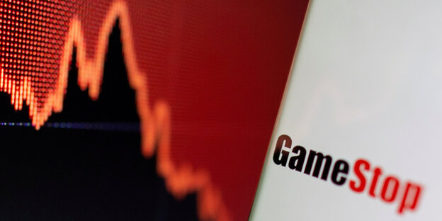 Aktiengrafik und Logo von Gamestop