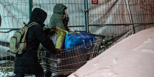 Zwei Menschen schieben einen Einkaufswagen, in der eine Ikea-Tasche liegt. Sie sind seitlich/von hinten fotografiert und tragen Winterkleidung, sodass sie nicht erkennbar sind. Im Vordergrund steht ein Auto, auf dessen Frontscheibe Schnee liegt.