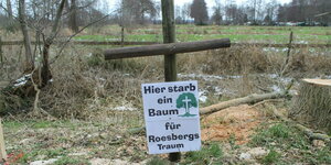 Nach den Baumfällarbeiten stellen Anwohner*innen Kreuze auf. Auf diesem steht: "Hier starb ein Baum für Roesbergs Traum"