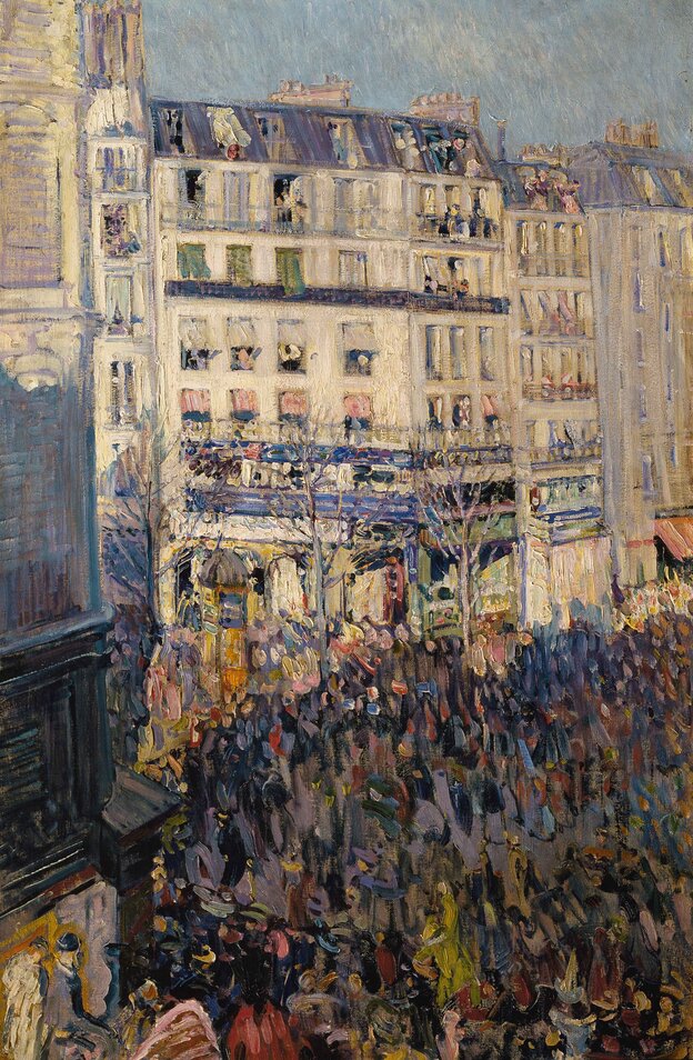 Auf einem Ölgemälde von Ebenfalls von Nicolas Tarkhoff zieht ein Karnevalsumzug durch eine sonnenbeleuchtete Straße von Paris Auf einem Ölgemälde von Ebenfalls von Nicolas Tarkhoff zieht ein Karnevalsumzug durch eine sonnenbeleuchtete Straße von Paris
