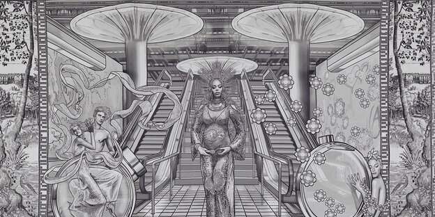 In einem ornamental sehr vollen Bild steht in der Mitte eine Frau in der Pose der Venus, hinter ihr Rolltreppen.