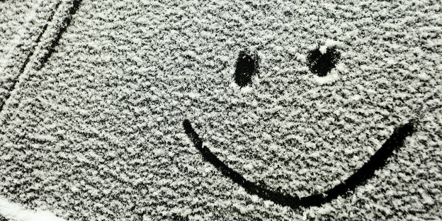 Ein lachendes Gesicht wurde auf eine verschneite Autoscheibe gemalt.