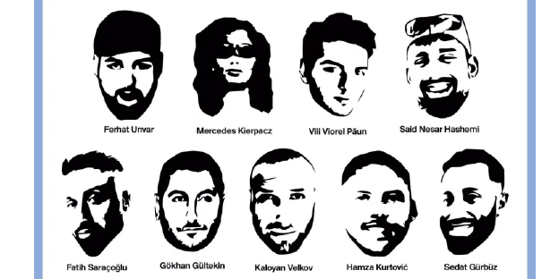 Neun stilisierte Gesichter der Opfer des rassistischen Anschlags von Hanau im Jahr 2020