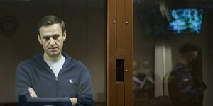 Der russische Oppositionspolitiker Alexej Nawalny hinter einer Glasscheibe während einer Anhörung vor dem Bezirksgericht Babuskinsky