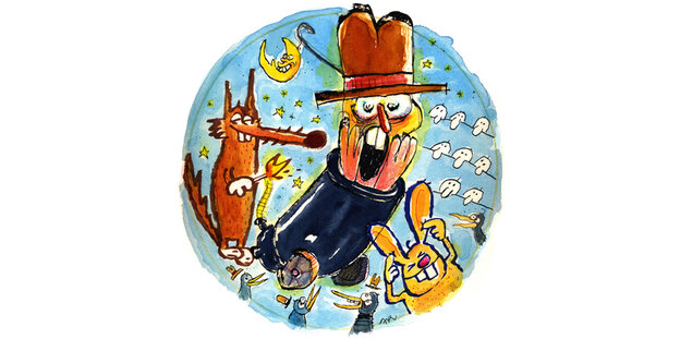 Illustration: Ein Mann mit Beuys-Hut hält sich die Hände vors Gesicht. Er steckt in einer Kanone, die von einem Wolf gezündet wird. Vor ihm hüpft ein Hase herum