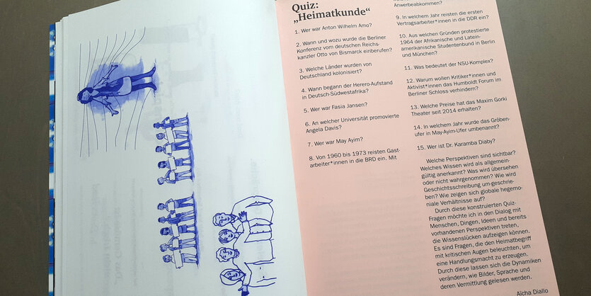 Zwei Seiten aus dem Buch "Man schenkt keinen Hund". Links eine Zeichnung mit vielen Personen von Katrin Mayer; rechts der Beitrag "Heimakunde" von Aïcha Diallo