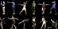 Foto zum Stück "In C" von Sahsa Waltz & Guests: Zwölf Tänzer:innen schweben in zwei Reihen übereinander und bewegen sich in unterschiedliche Richtungen