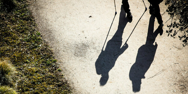 Die Schatten zweier Spaziergänger mit Spazierstöcken