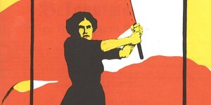 Ein Protestplakat zum Frauenkampftag von 1914 zeigt eine Frau, die eine Fahne schwenkt