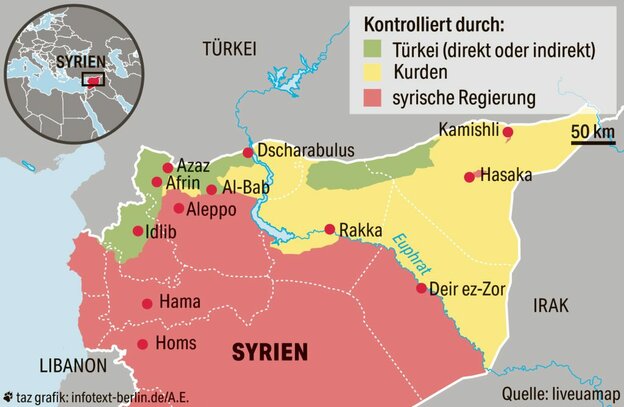 Syrien-Karte mit jeweils kontrollierten Zonen.