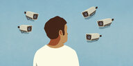 Illustration: Überwachungskameras sind auf eine person gerichtet