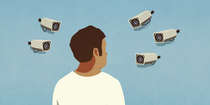Illustration: Überwachungskameras sind auf eine person gerichtet