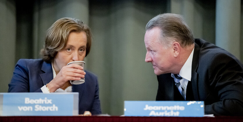 Von Storch und Pazderski auf einem Parteitag im Mai 2019, Pazderski spricht mit von Storch, die trinkt aus einem Pappbecher