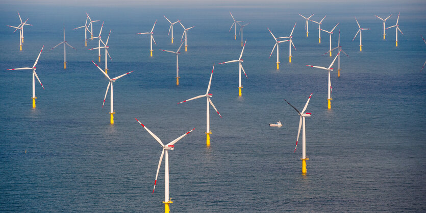 Ein Cluster von Windrädern im Meer