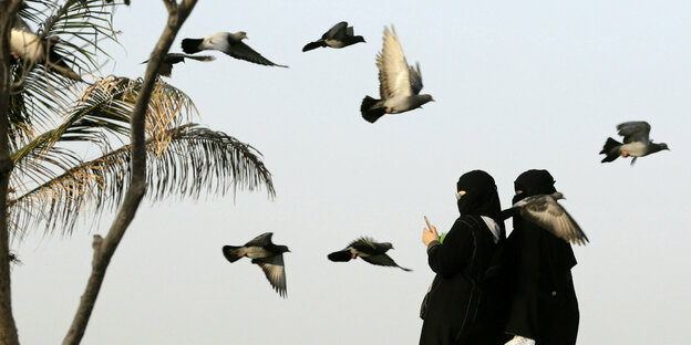 Zwei verschleierte Frauen laufen auf eine Palme zu - in der Luft fliegen Tauben