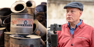 links Zyklon B Kanister in einer Ausstellung im ehemaligen KZ Auschwitz - rechts AfD-Aktivist Stefan Bauer mit Schiebermütze