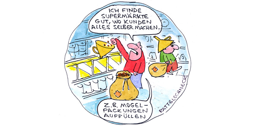 Ein Mann steht im Supermarkt am Regal und sagt: Ich finde Supermärkte gut, wo Kunden alles selbst machen, z.B. Mogelpackungen auffüllen. Das Bild ist ein farbig gezeichneter Cartoon.