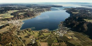 Luftbild vom Überlinger See mit Blick bis zu den Alpen