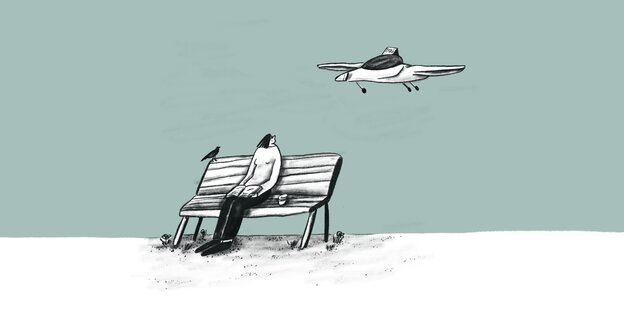 gezeichneter Mensch auf Parkbank mit Drohne drüber