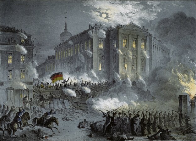 Barrikadenkampf 1848 in Berlin in einer zeitgenössischen Lithografie Barrikadenkampf 1848 in Berlin in einer zeitgenössischen Lithografie