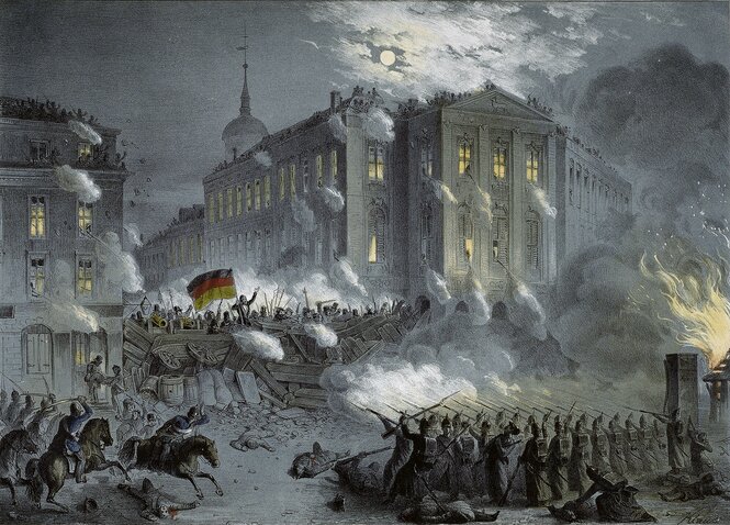 Barrikadenkampf 1848 in Berlin in einer zeit­genös­sischen Lithografie