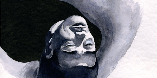 Zeichnung eines Mannes mit Kopf nach unten in schwarzweiß