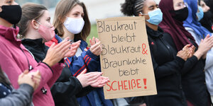 Eine Demonstrantin hält am globalen Streiktag für Soziale- und Klimagerechtigkeit von Fridays for Future an der Hauptwache ein Plakat mit der Aufschrift "Blaukraut bleibt Blaukraut & Braunkohle bleibt Scheiße !".
