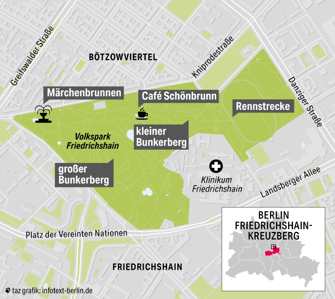 Eine Karte zeigt den Volkspark Friedrichshain