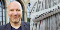Links: Portrait Blogger Johannes Kram - rechts mehrere Ausgaben der Süddeutschen Zeitung