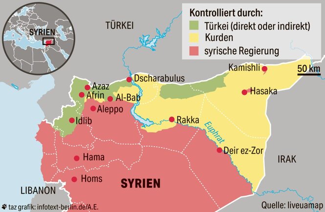 Syrien-Karte mit kontrollierten Gebieten.