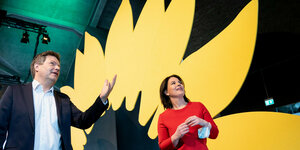 Robret habeck und Annalena Baerbock stehen vor einer gelben Papp-Sonnenblume