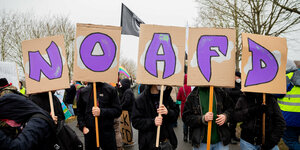 Menschen stehen in einer Reihe mit Plakaten mit der Aufschrift No AfD
