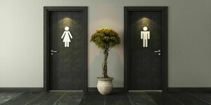 die Türen einer Frauen- und Männertoilette, dazwischen steht eine Grünpflanze