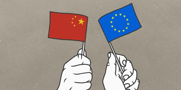 Hände winken mit Flaggen von China und der Europäischen Union