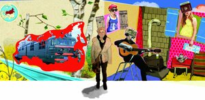 Illustration mit Russland als hervorgehobenes Land auf einem Globus, eine Frau mit Mütze in der Mitte, einem gitarrespielenden Mann in einer illustrierten Küche, eine Frau mit russischem Reisepass und Flugtickets und eine weitere Frau mit Sonnenbrille