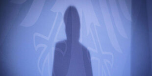 Schatten von Angela Merkel an einer blauen Wand mit Bundesadler