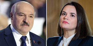 Portraits Alexander Lukaschenko links und Swetlana Tichanowskaja rechts