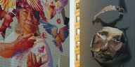 Wandbilder an zwei Plattenbauten zeigen Gesichter und Vögel