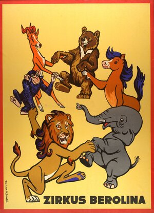 ein Plakat zeigt gezeichnete Wildtiere wie Löwe, Giraffe, Elefant und Bär ein Plakat zeigt gezeichnete Wildtiere wie Löwe, Giraffe, Elefant und Bär