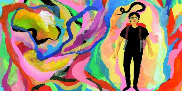 Eine Frau mit Zopf geht durch eine Landschaft von Farbwirbeln