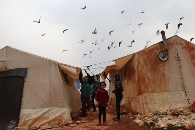 Tauben fliegen über einem Flüchtlingszelt, Kinder schauen ihnen nach Tauben fliegen über einem Flüchtlingszelt, Kinder schauen ihnen nach